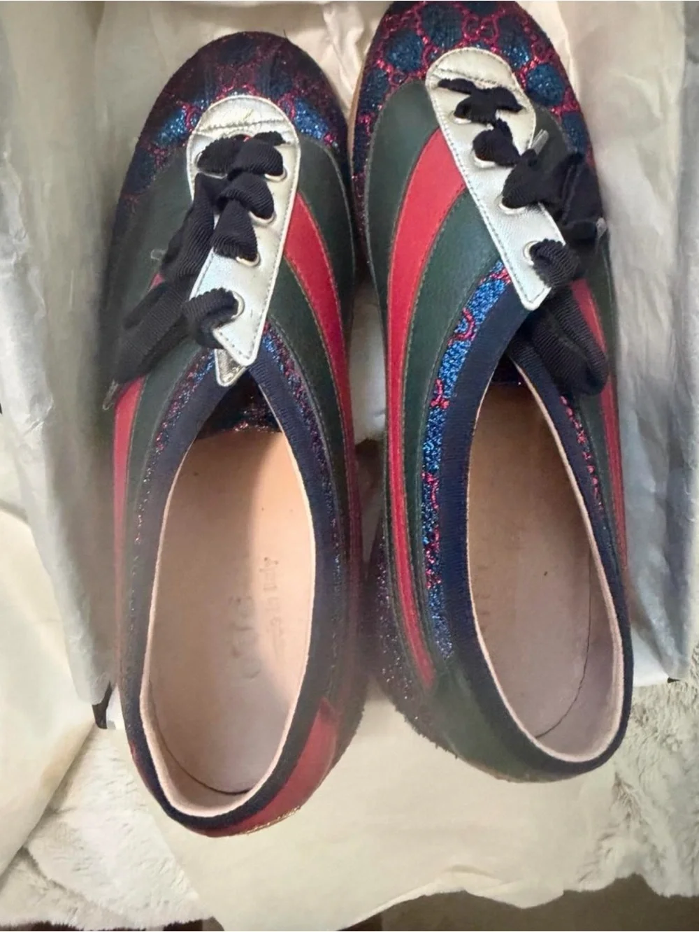 Gucci Mens Blue & Red Logo Lace-Up Sneakers